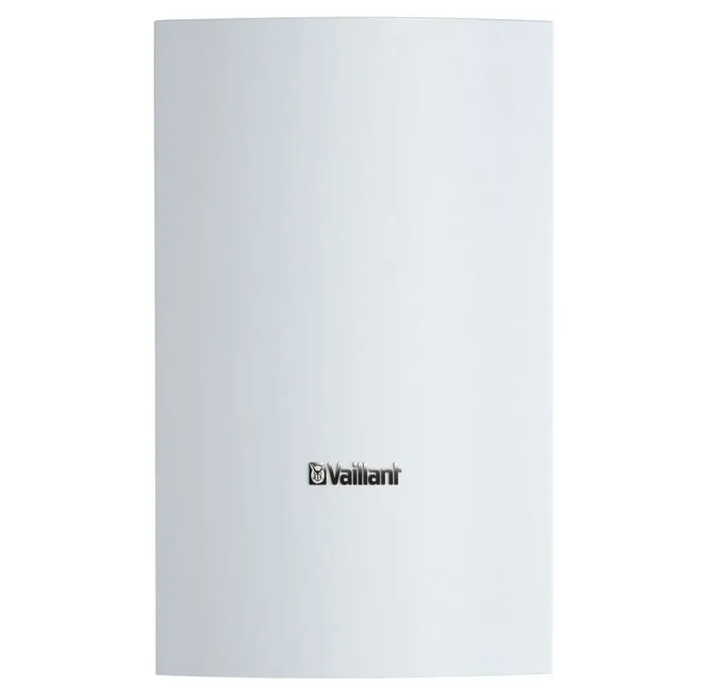 Wandmontierter Warmwasserspeicher in Weiß mit Vaillant-Logo. Das Gerät hat eine klare und schlichte Bauform, eignet sich zur Warmwasserbereitung.